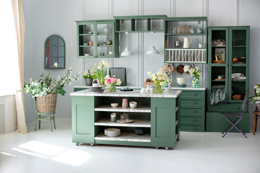 green kitchen cabinets cabin home interior design