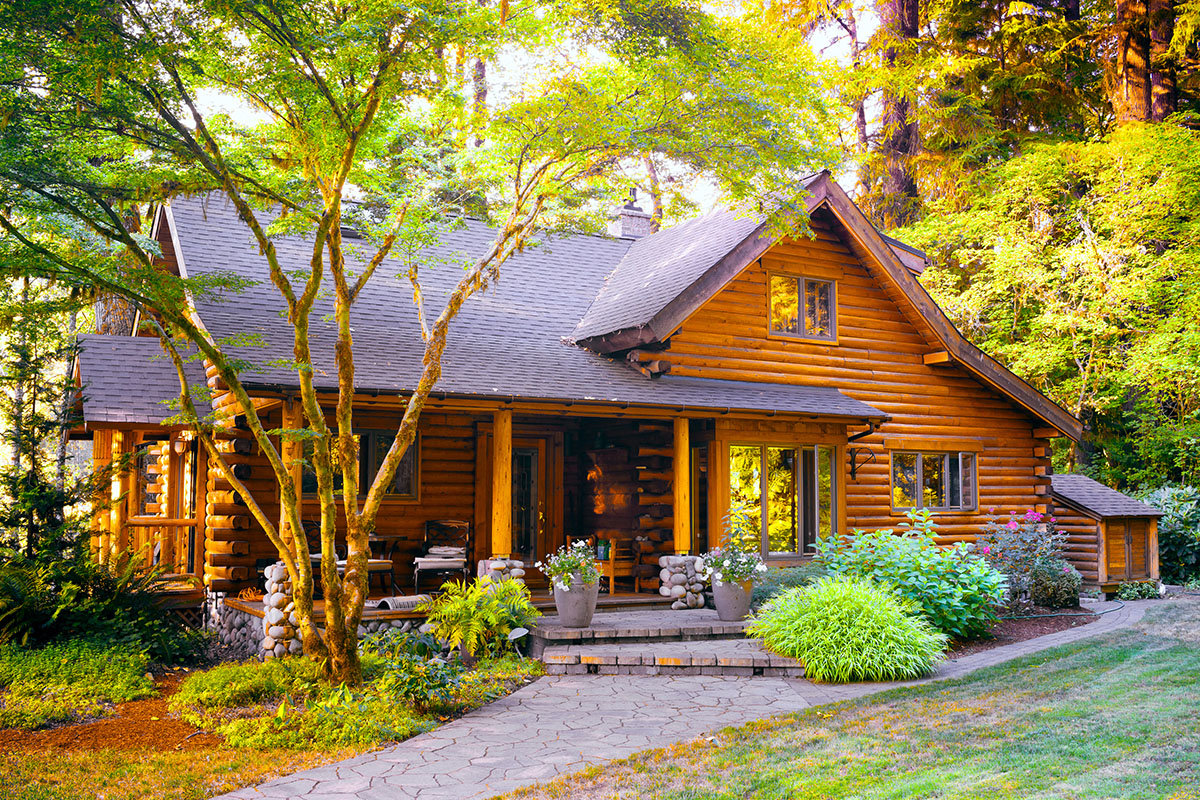 log cabin in the woods exterior landscaping
