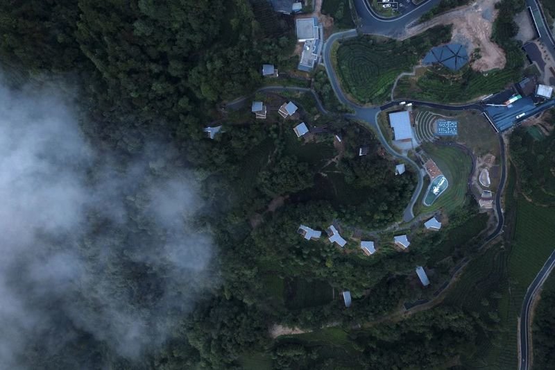 hubei china mountain and cloud cabins aerial view